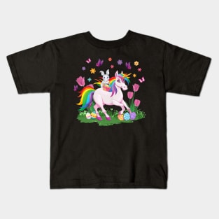 Egg Basket Rabbit Riding Unicorn Happy Easter Day Outfit Kids T-Shirt